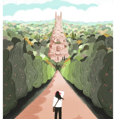 illustration of a woman walking down a path with a large tower in the background