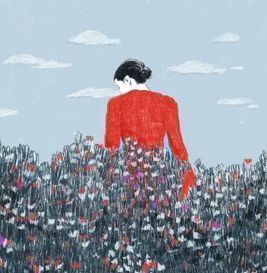 Illustration of a woman in a red dress on a field of flowers