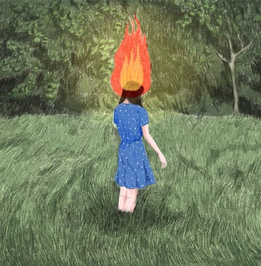 Illustration of a woman in the middle of a field of tall grass with her head on fire