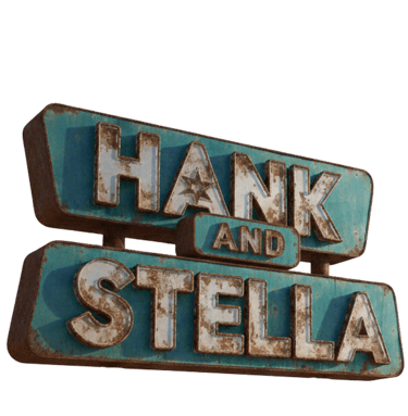Vintage rusty teal marquee sign reading Hank and Stella in distressed white 3D letters.
