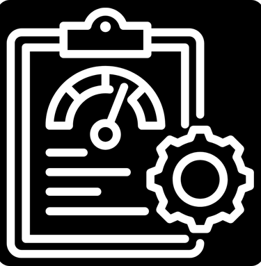 Icon showing a performance dashboard clipboard with a speed gauge and a settings gear.