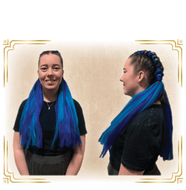 a woman with blue hair and blue braids