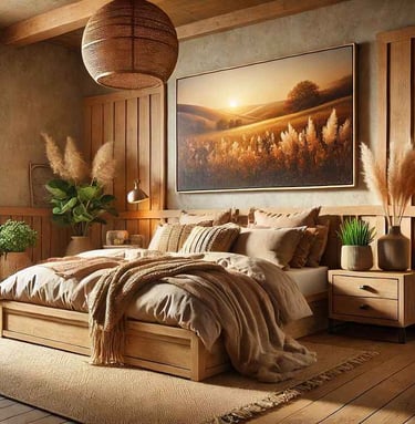 Rustic bedroom with wood accents and earthy tones – cozy natural interior design.