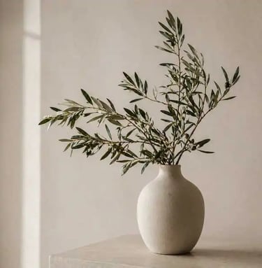 Modern Contemporary Botanical Styling – Olive Branch in Ceramic Vase with Neutral Minimal Background