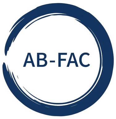 Le logo bleu de la société : le nom AB-FAC au centre d'un enso, symbole zen associé à la qualité