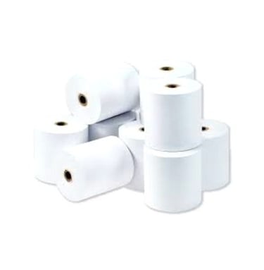 Stack of white thermal receipt paper rolls for point of sale printers.