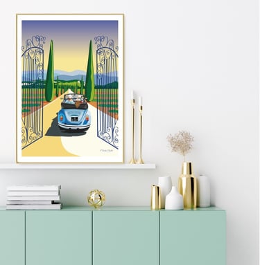 Affiche dans un cadre représentant une coccinelles vintage roulant dans une allée de cyprès. Esprit de Provence.