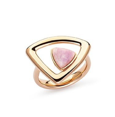 a pink and gold ring with a triangle shaped pink stone