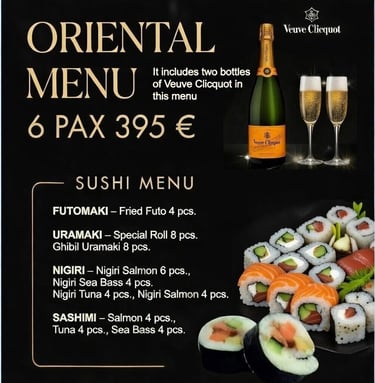 Menu sushi 6 pax incluye veuve clicquot