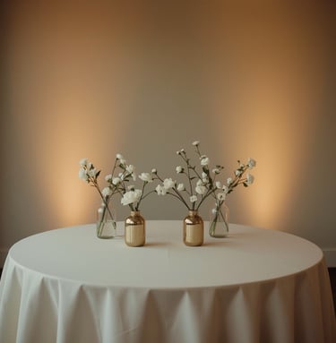 Table décorée avec éléments minimalistes et fleurs naturelles.
