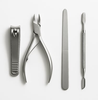Stainless steel manicure tools including nail clippers, cuticle pushers and files for professional g