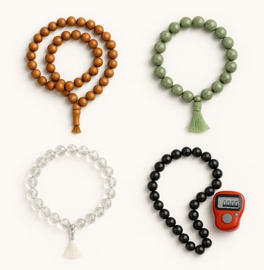 Tasbeeh prayer beads in wood, crystal and stone for Islamic prayer and gifts, export quality Islamic tasbih from Pakistan