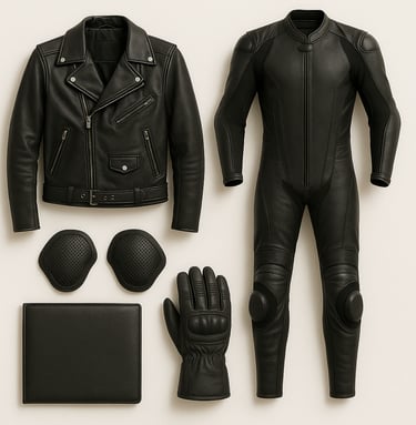Motorcycle leather jackets, suits and riding gear, protective export quality leather gear