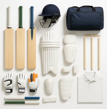 Complete cricket equipment set including bats, balls, pads, gloves and helmets