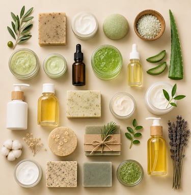 Natural skincare products, herbal soaps, creams and body care essentials