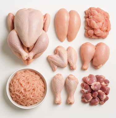 Processed halal chicken meat including whole cuts and portions