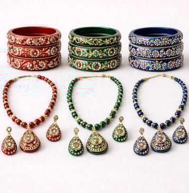 Decorative lac jewelry set with necklaces, earrings, and embellished bangles.