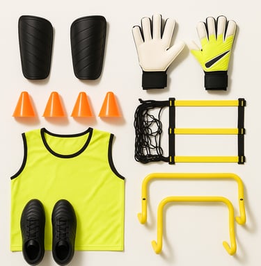 Football and rugby training equipment including cones, ladders, vests and balls