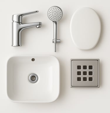Sanitary and bathroom fittings including sinks, faucets and accessories for modern bathrooms, export