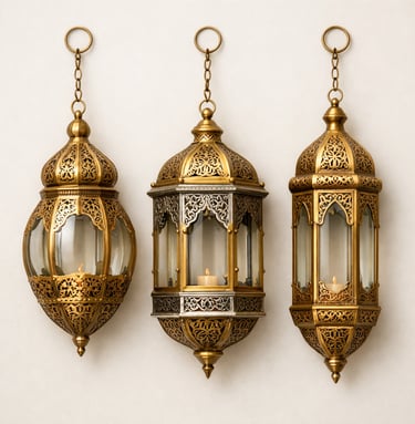 Metal hanging lanterns with pierced cutwork and heritage Islamic design patterns.