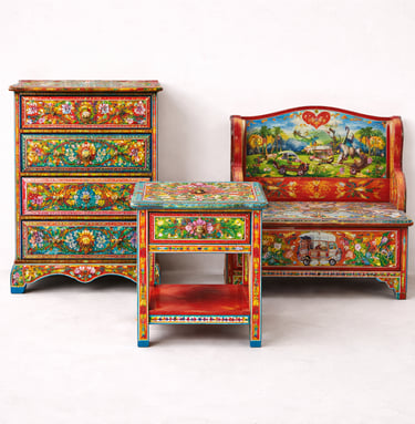 Pakistani truck art decorated wooden furniture set
