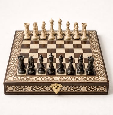 Camel bone chess sets with engraved board and handcrafted pieces.