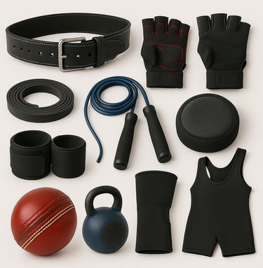 Fitness and gym equipment including weights, resistance bands and training accessories