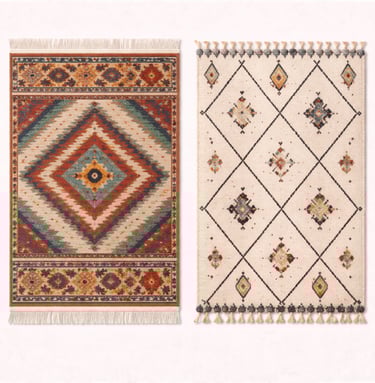 Handmade floor rug with decorative border design and soft woven texture.