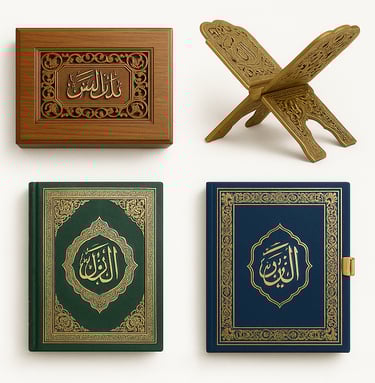 Quran boxes and wooden Quran stands with Islamic design for safe storage and prayer use, export quality Islamic accessories.