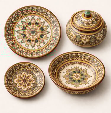 Traditional Sindhi Hala glazed pottery plates and bowls