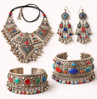 Traditional tribal jewelry set with oxidized metal and colorful stones.