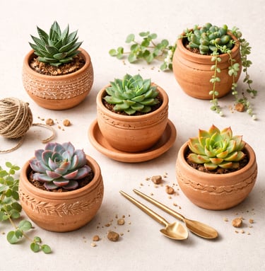 Small clay plant pots with handcrafted terracotta finish