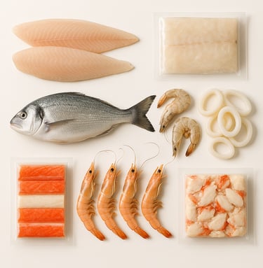 Frozen seafood assortment including fish, shrimp and shellfish for export markets