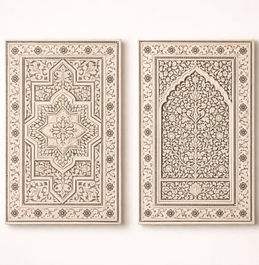 Bone wall panels featuring Mughal and geometric inlay patterns.