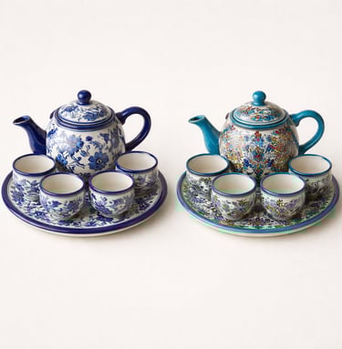 Handmade ceramic tea set with teapot and cups