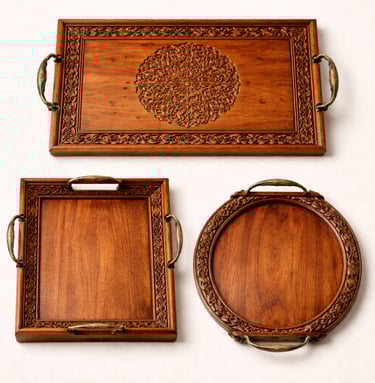 Engraved wooden serving trays with carved detailing