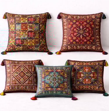 Tribal cushion covers with embroidered patterns, tassels, and ethnic motifs.