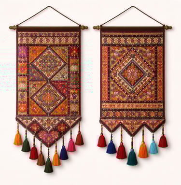 Tribal embroidered textile wall hangings