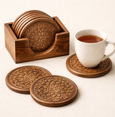 Hand-carved wooden coaster set with holder stand