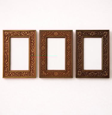 Carved wooden photo frames with traditional designs