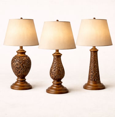 Handcrafted wooden table lamps with carved bases