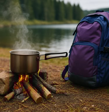 Metal pot boiling water on campfire by forest lake, wilderness cooking and water purification during survival