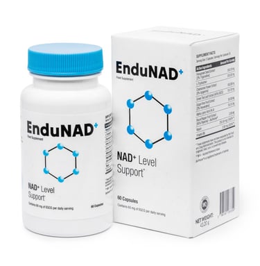 EnduNAD+ dietary supplement bottle and box for NAD+ level support and cellular energy.