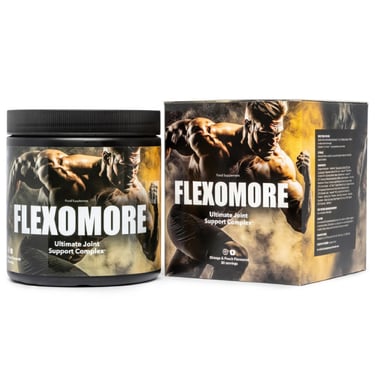 Flexomore ultimate joint support complex supplement tub and box for athlete recovery.