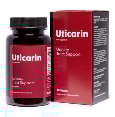 Uticarin urinary tract support supplement bottle and box containing 60 capsules for bladder health.