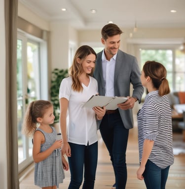 a family of four people standing in front of a house