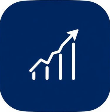 A blue square icon featuring a white upward-trending line graph symbolizing business growth and financial success.