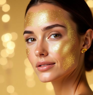 Mujer con mascarilla dorada representa tratamientos faciales de AR Clinic para una piel luminosa y s