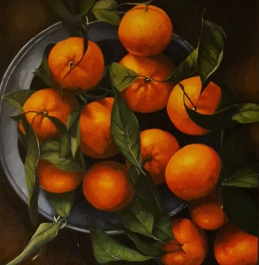 a painting of a bowl of oranges on a table