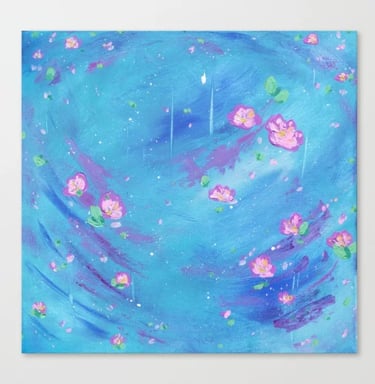 a painting of a blue and pink flower canvas print called cosmic flowers